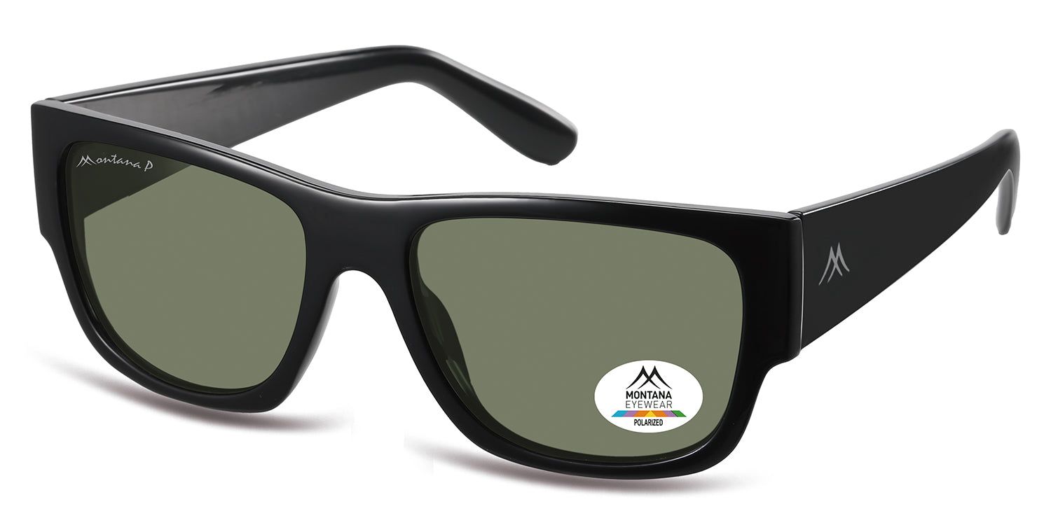 Lunettes de soleil noires avec verres verts. Logo Montana Eyewear et sceau polarisé. Vue latérale.