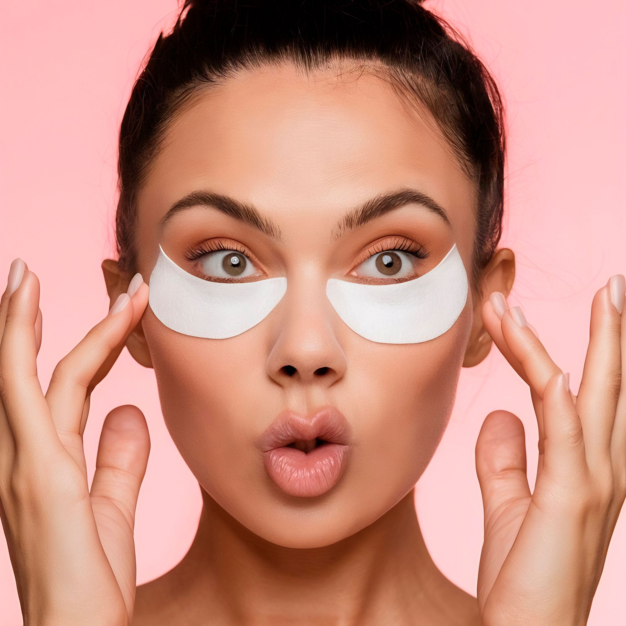 Vrouw met oogpatches onder ogen. Roze achtergrond. Handen bij ogen.