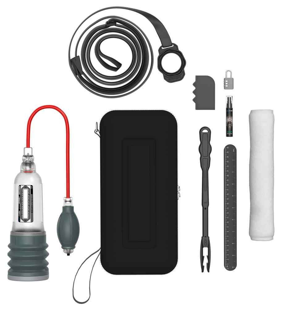 Bathmate HydroXtreme7 Clear Wide Boy set met accessoires: pomp, etui, borstel, doek, meetlint.
