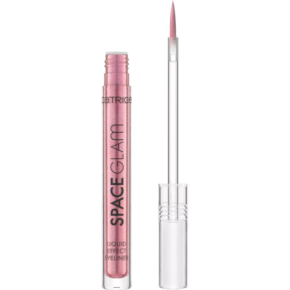 Eyeliner liquide Space Glam Effect. Liquide rose scintillant dans un flacon transparent. Applicateur à pointe fine.
