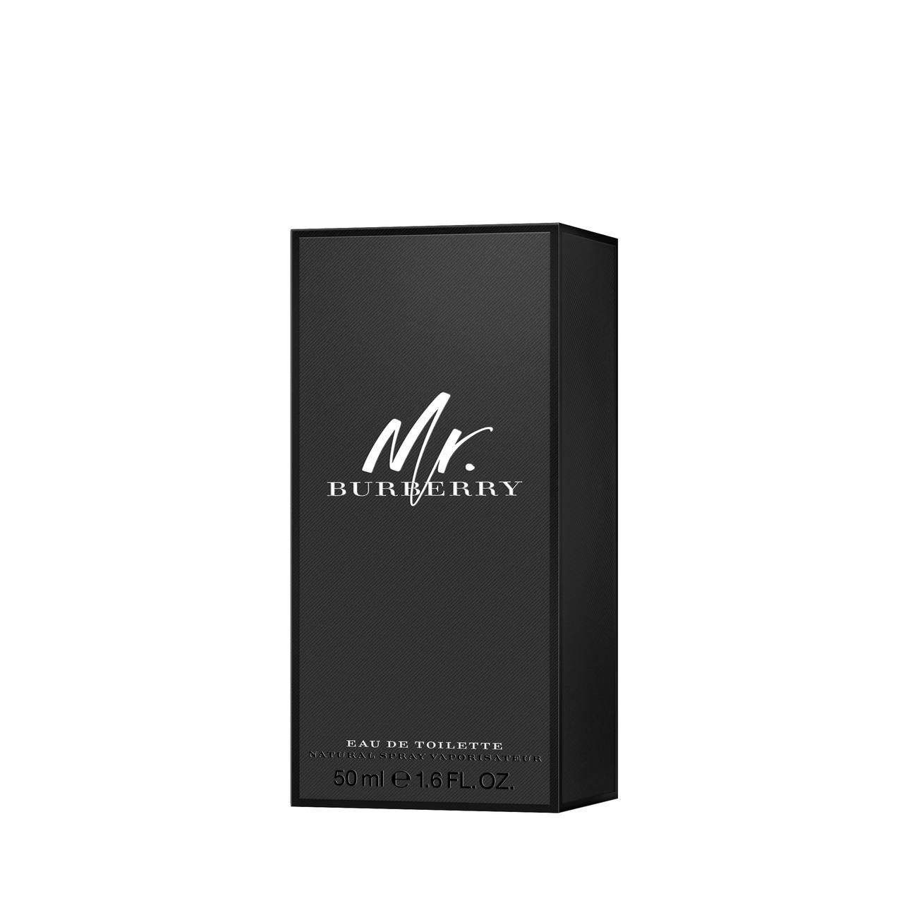 Boîte noire avec logo "Mr. Burberry" blanc. Texte : Eau de Toilette, 50 ml, 1.6 FL OZ.