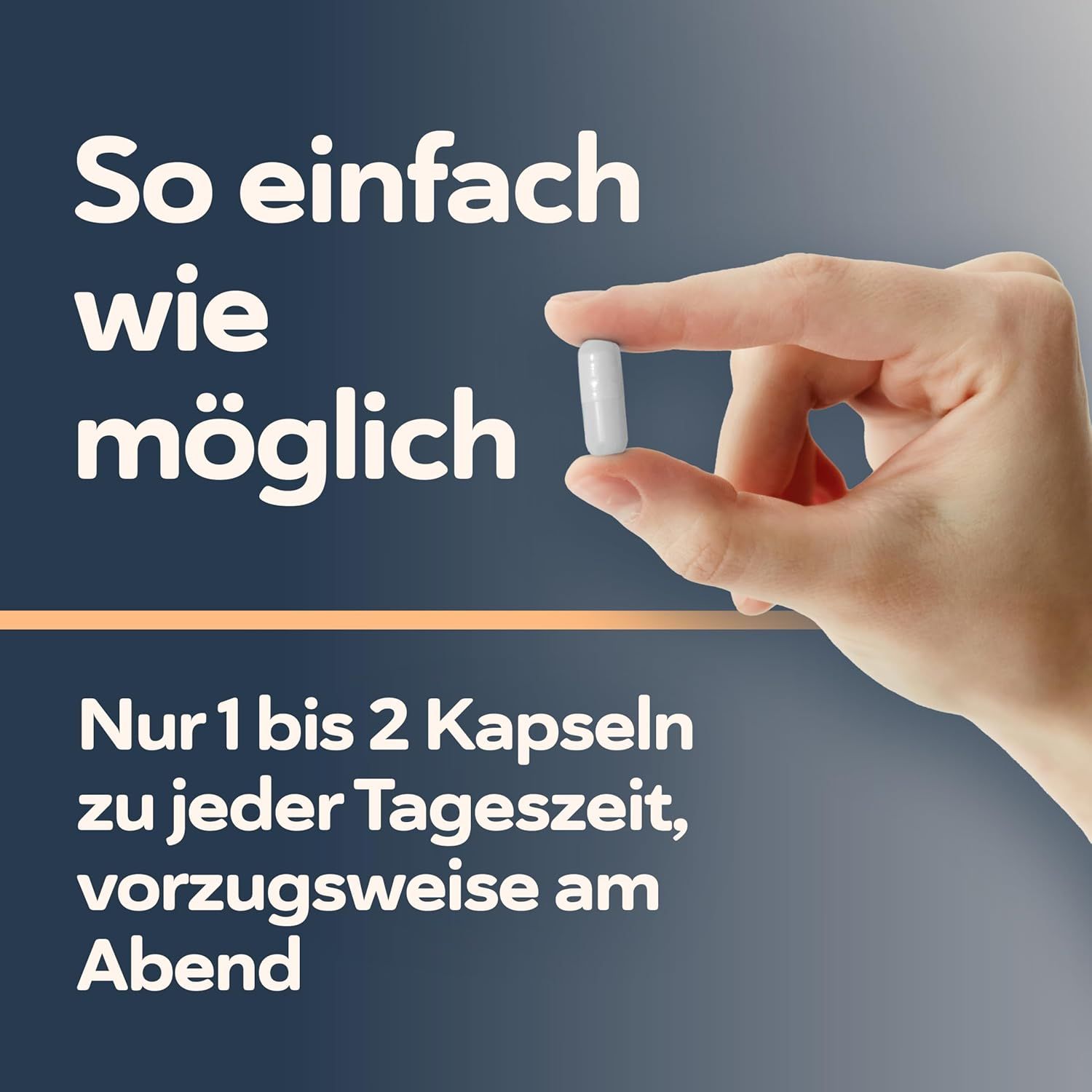Hand houdt een enkele QSTA Ashwagandha capsule vast. Tekst: Slechts 1 tot 2 capsules per dag.