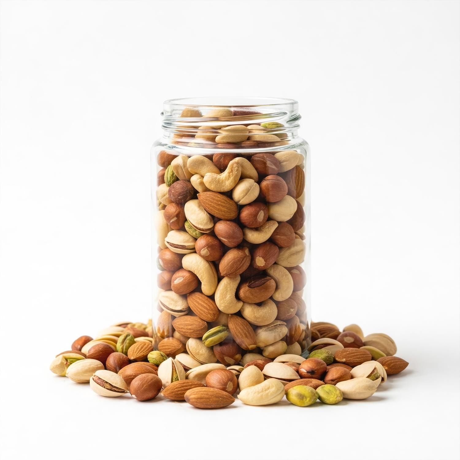Pot gevuld met een mix van amandelen, cashewnoten, hazelnoten en pistachenoten, enkele noten liggen verspreid rond de pot.