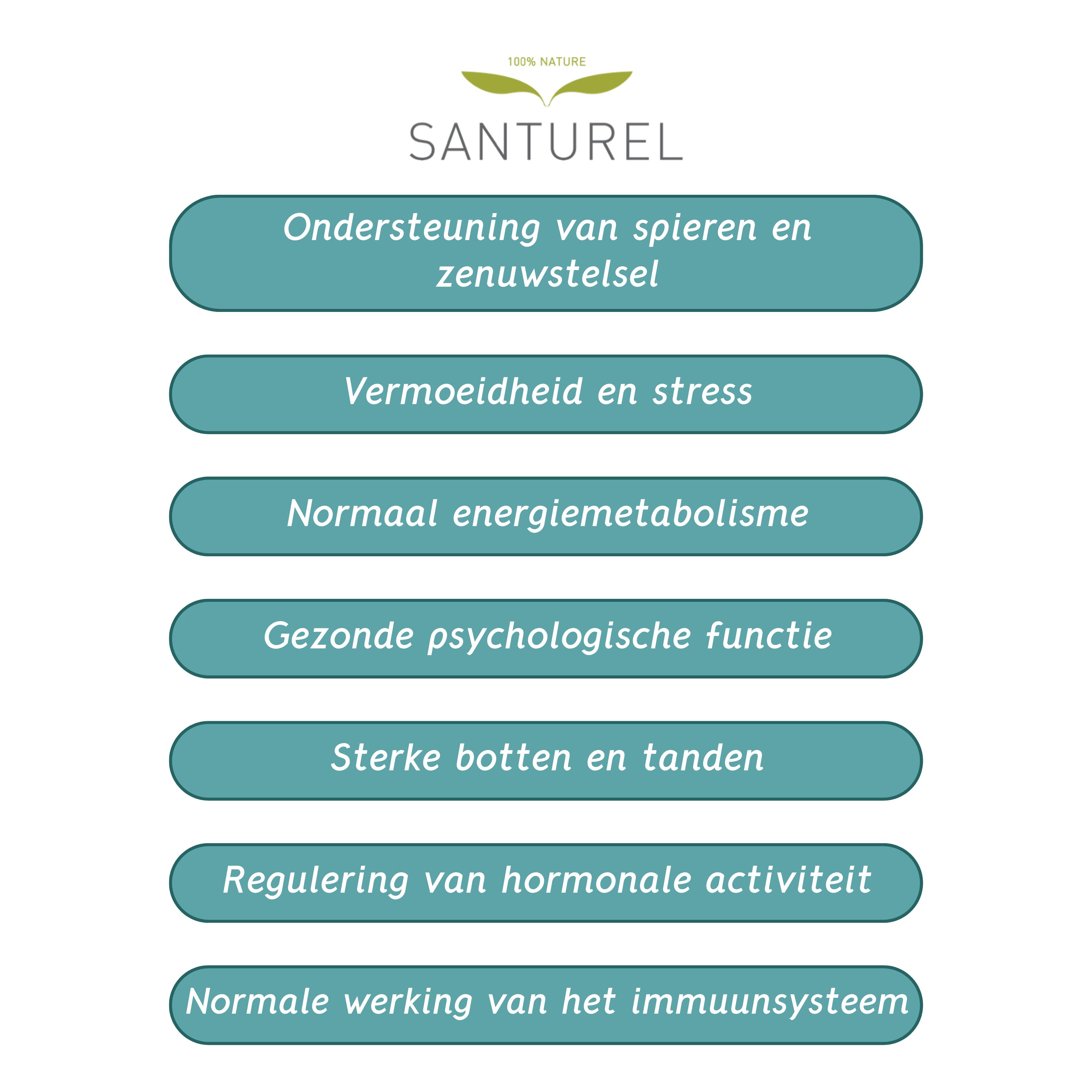 Twee witte capsules. Labels: 90 vega-capsules, vijfvoudige werking, 3 magnesiumbronnen met verschillende werking.