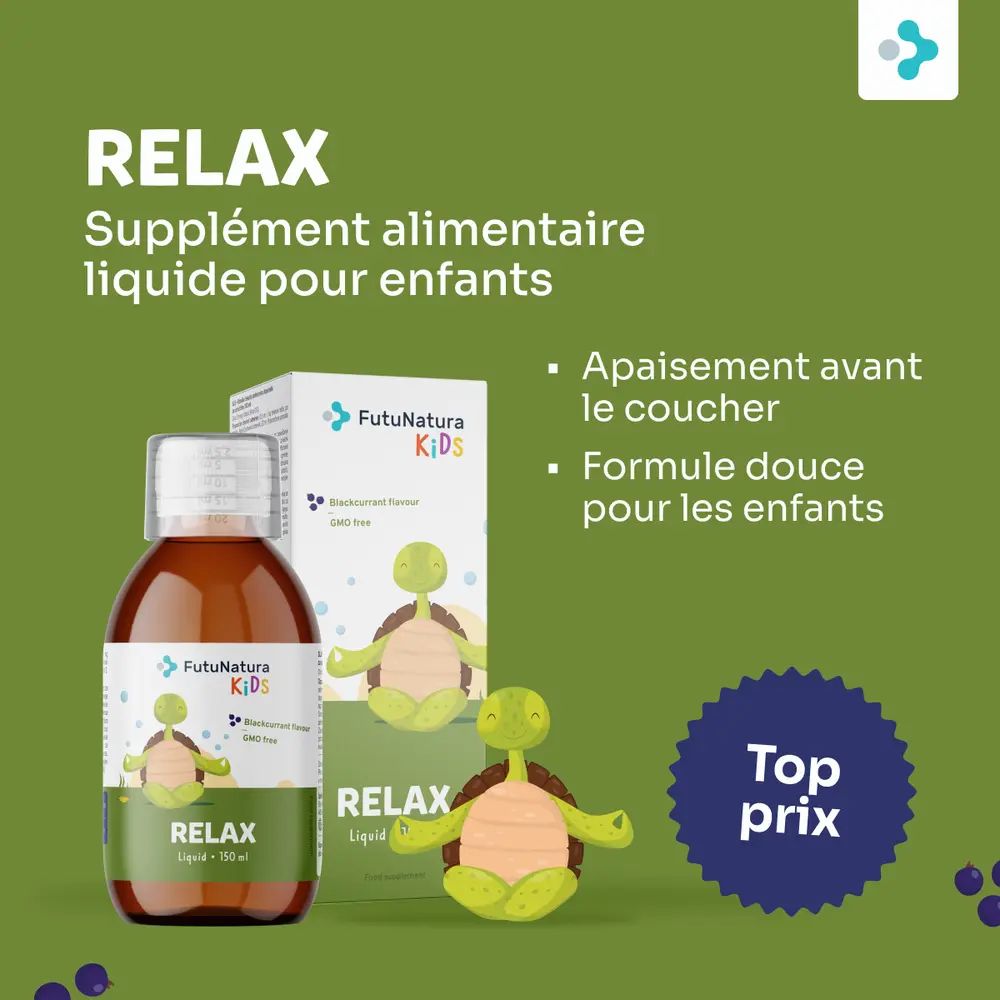 Bouteille et emballage FutuNatura Relax. Nom et logo visibles. Illustration de tortue.