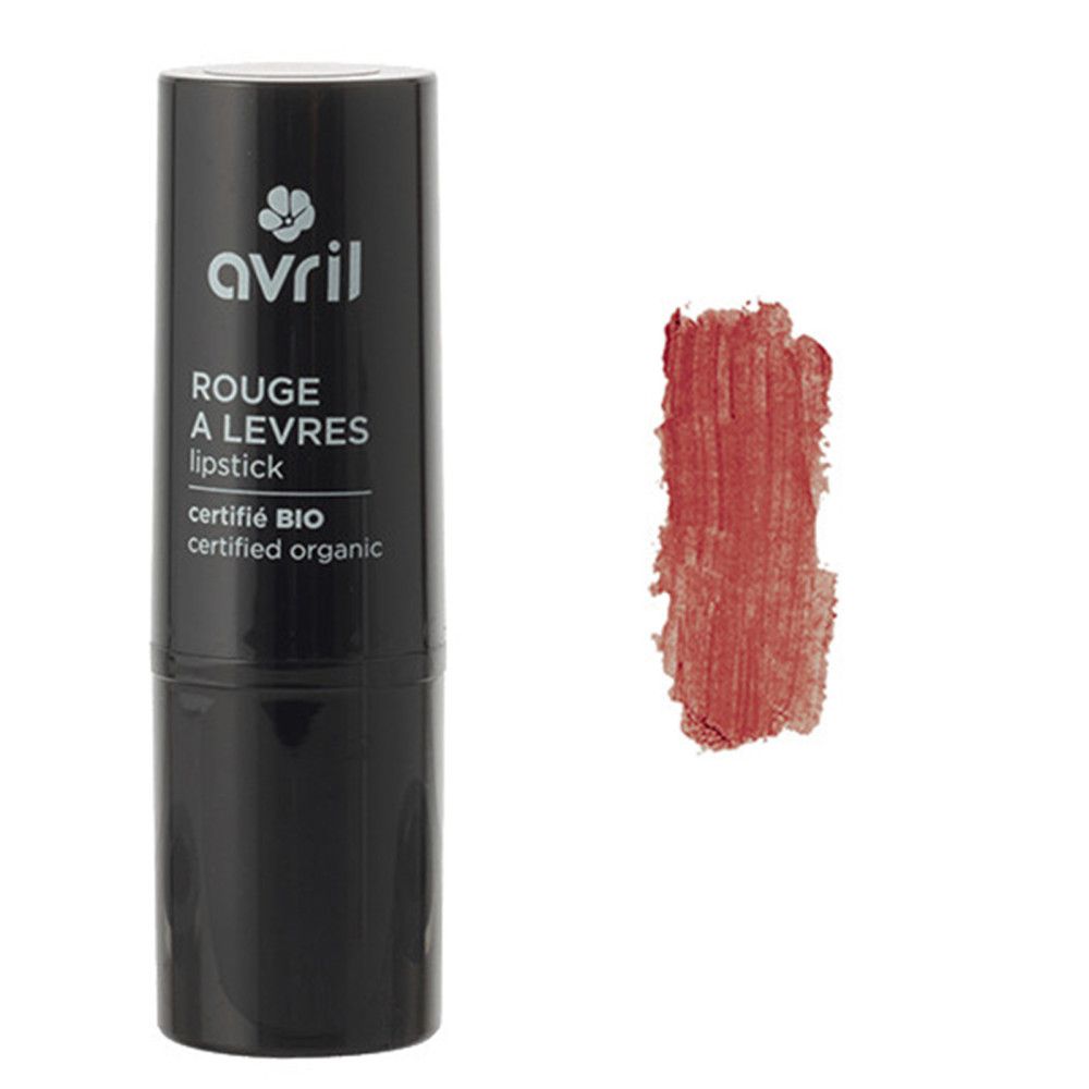 Tube de rouge à lèvres noir avec texte blanc. À côté, une trace de rouge à lèvres rouge. Le tube porte les mentions "Avril", "Rouge à Lèvres lipstick" et "certifié BIO".