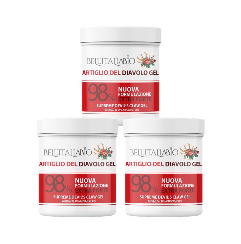 Trois pots blancs avec étiquettes rouges. Inscription : Artiglio del Diavolo Gel, 98%, Extra Forte. Marque : Bell'ItaliaBio.
