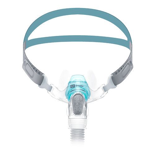 CPAP neusmasker met blauw kussen en verstelbare hoofdband.