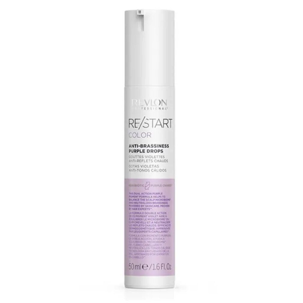 Witte-paarse fles met tekst: Revlon Re-Start Color Anti-Brassiness Purple Drops. 50ml/1.6 fl.oz.