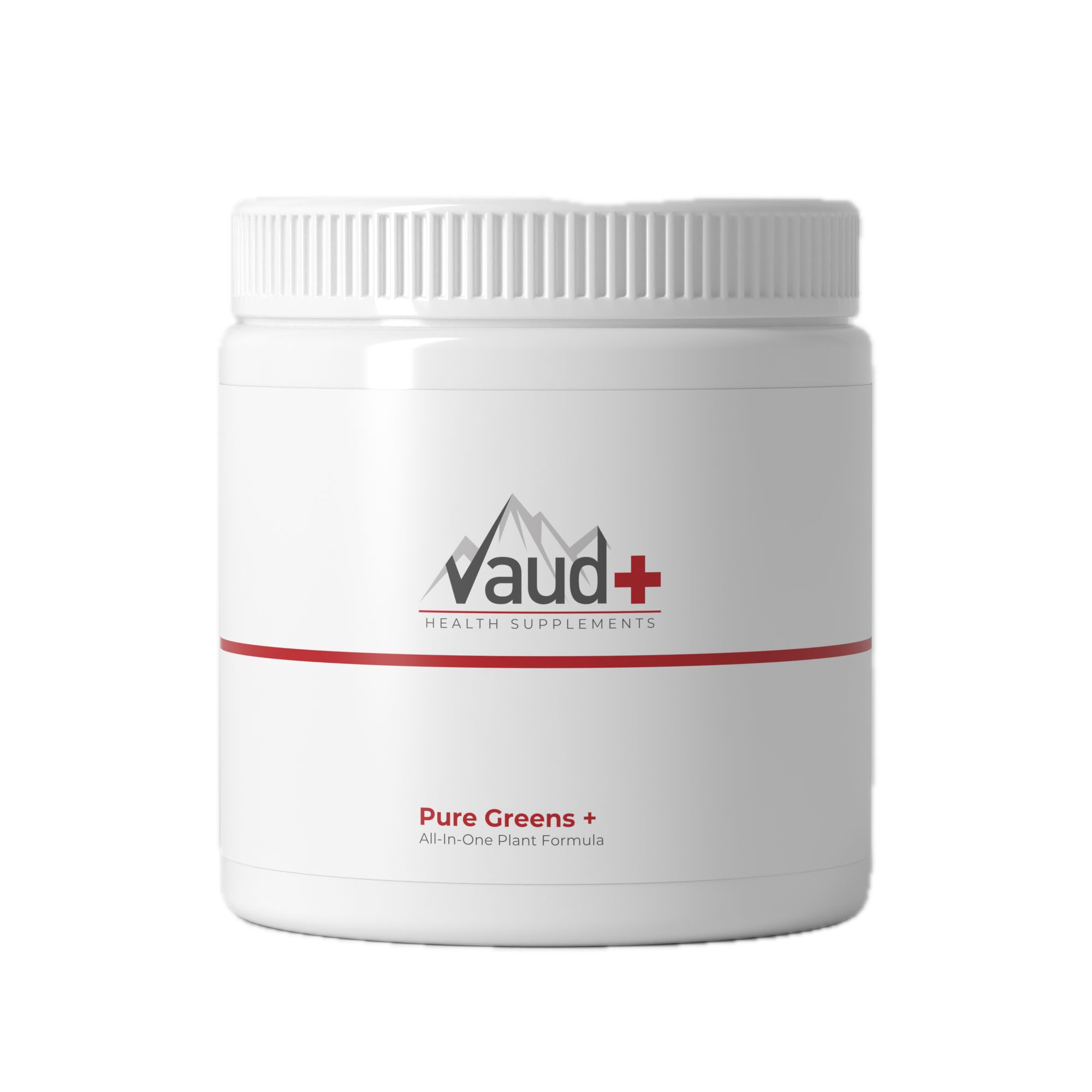 Witte pot met schroefdop. Rode streep en tekst "Vaud+". Tekst: "Pure Greens + All-In-One Plant Formula".