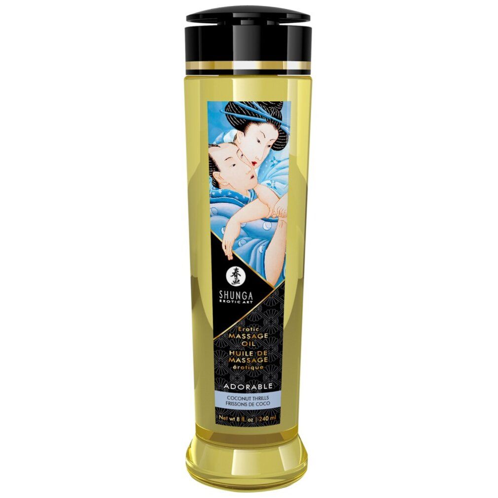 Shunga massageolie fles met zwarte dop en label met romantische afbeelding.