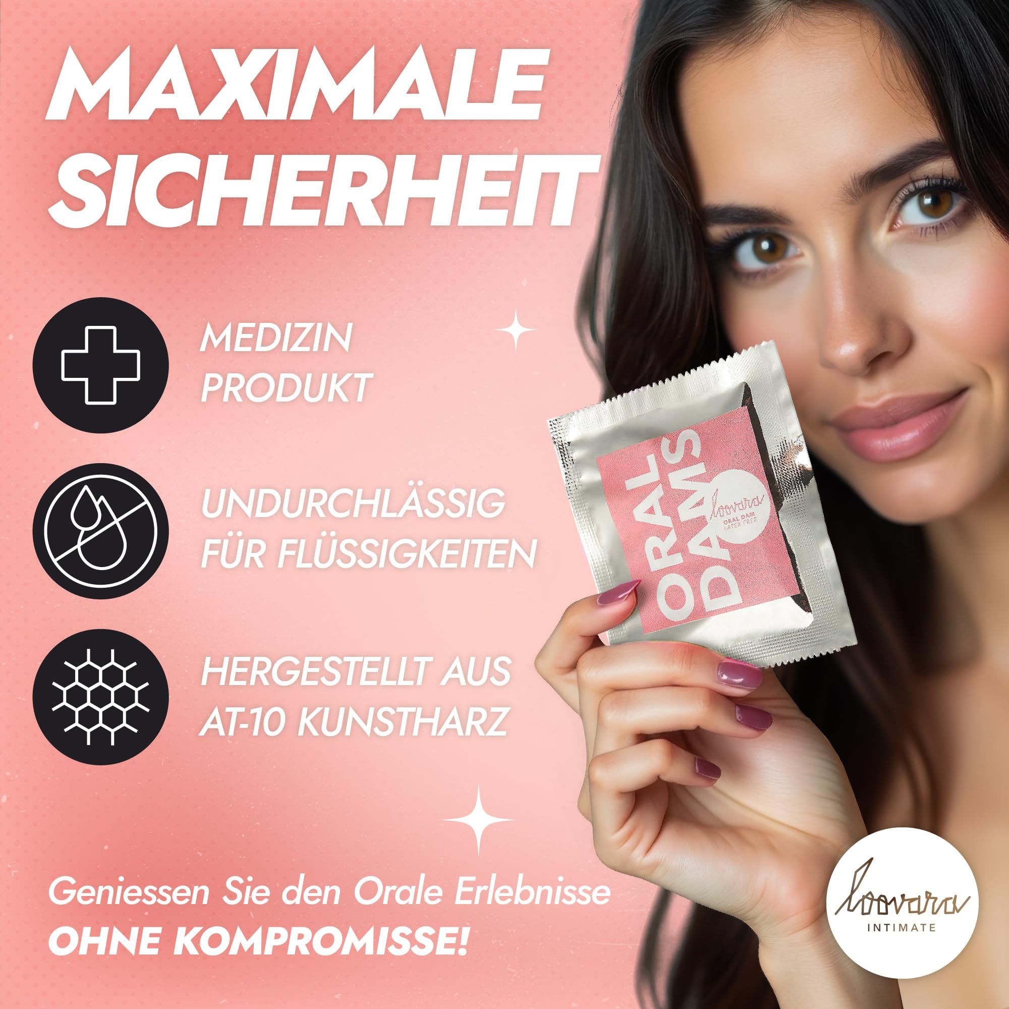 Une femme tient un paquet de Loovara Oral Dams. Dispositif médical, imperméable, résine AT-10.