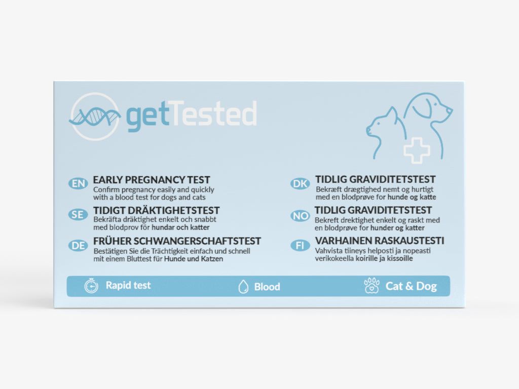 GetTested Test de grossesse précoce pour chiens et chats. Emballage bleu avec texte multilingue, logo et pictogrammes.
