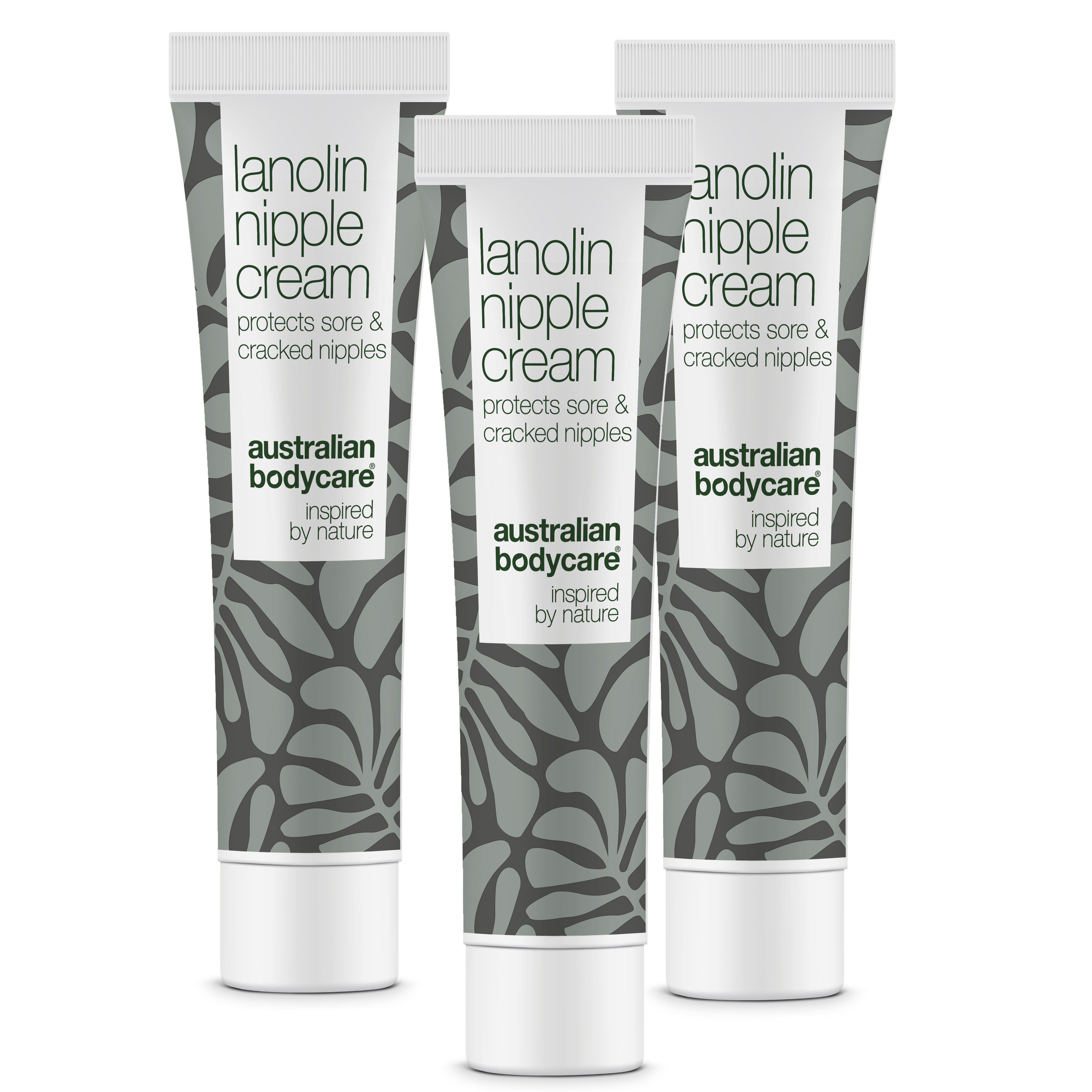 Drie tubes lanoline tepelcrème. Wit en grijs ontwerp met bladerenpatroon. Merk: Australian Bodycare.