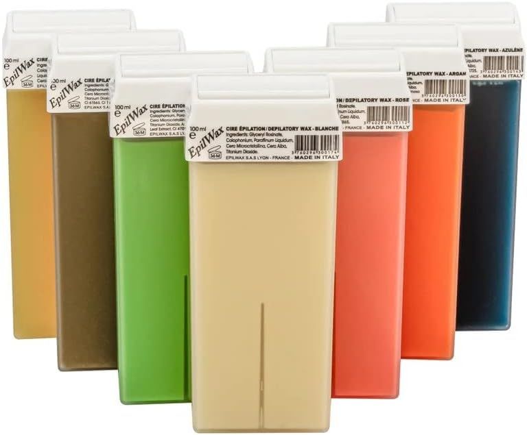 Zeven waxpatronen in verschillende kleuren. Opschrift EpilWax. Witte deksels.