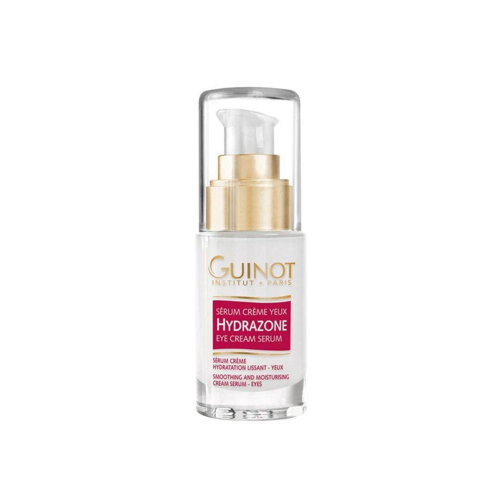 Serumfles met pomp. Opschrift: Guinot, Hydrazone Yeux Eye Cream Serum. Witte fles met gouden dop en transparante deksel.