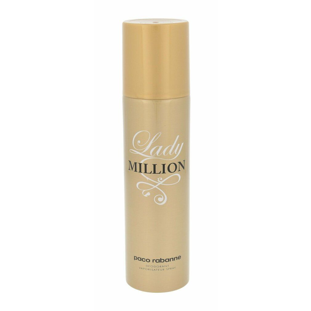 Gouden deodorant spray van Paco Rabanne Lady Million. Met witte tekst Lady Million en Paco Rabanne.
