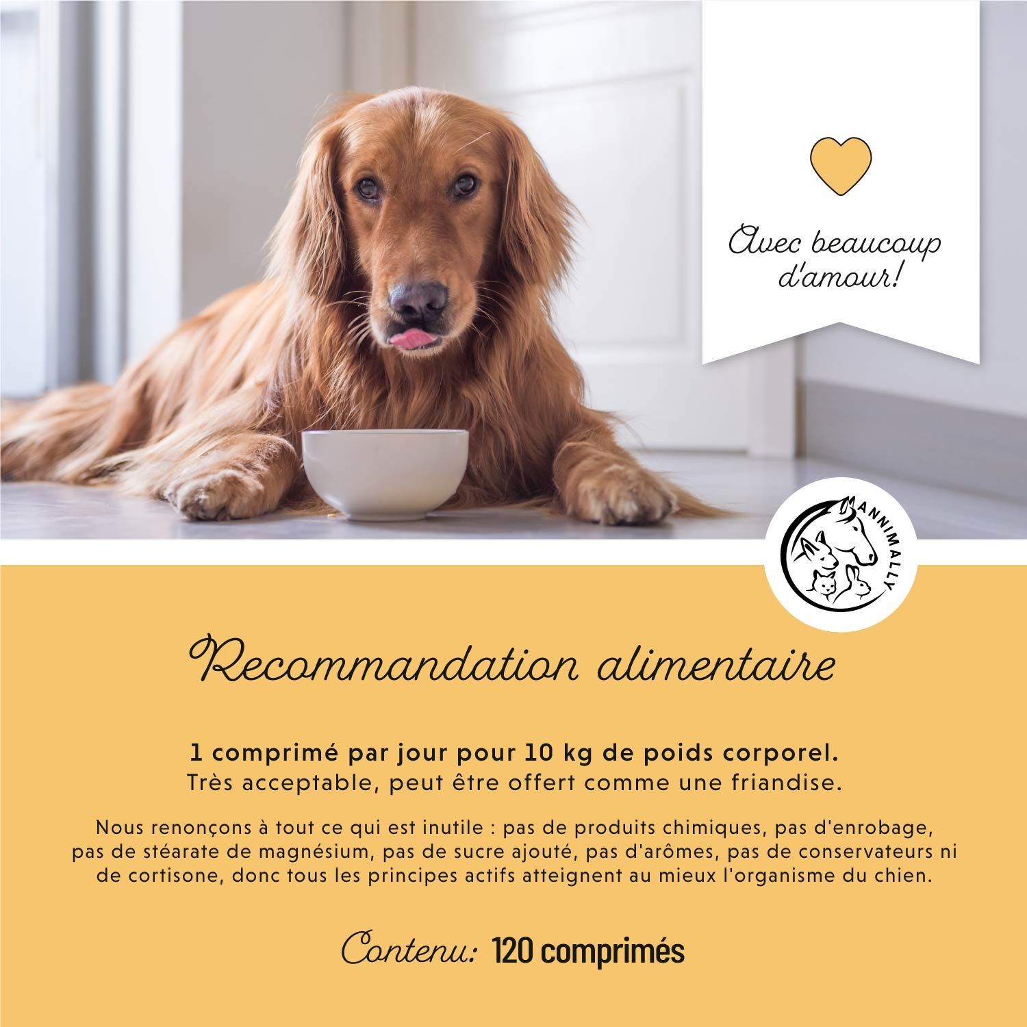 Chien doré avec bol. Texte : Recommandation alimentaire. 1 comprimé pour 10 kg de poids corporel. Contenu : 120 comprimés.