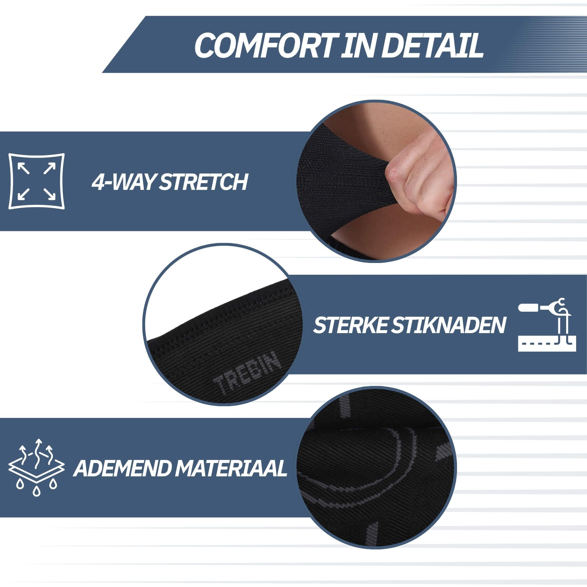 Details van een zwarte compressie elleboogbrace: 4-weg stretch, sterke naden, ademend materiaal.