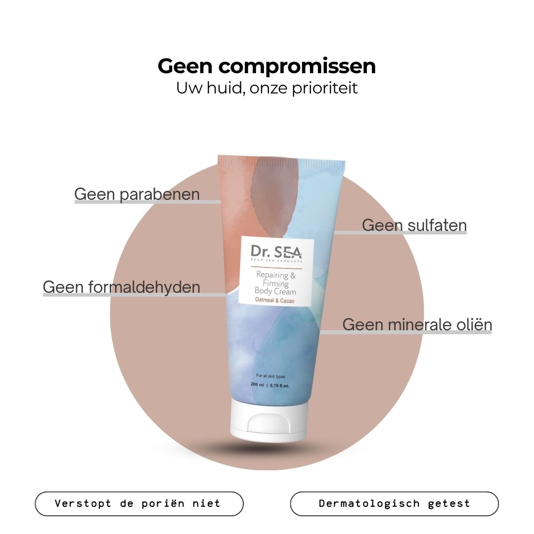 Tube "Dr. SEA" met tekst. Tekst: Zonder parabenen, sulfaten, formaldehyde, minerale oliën. Dermatologisch getest.