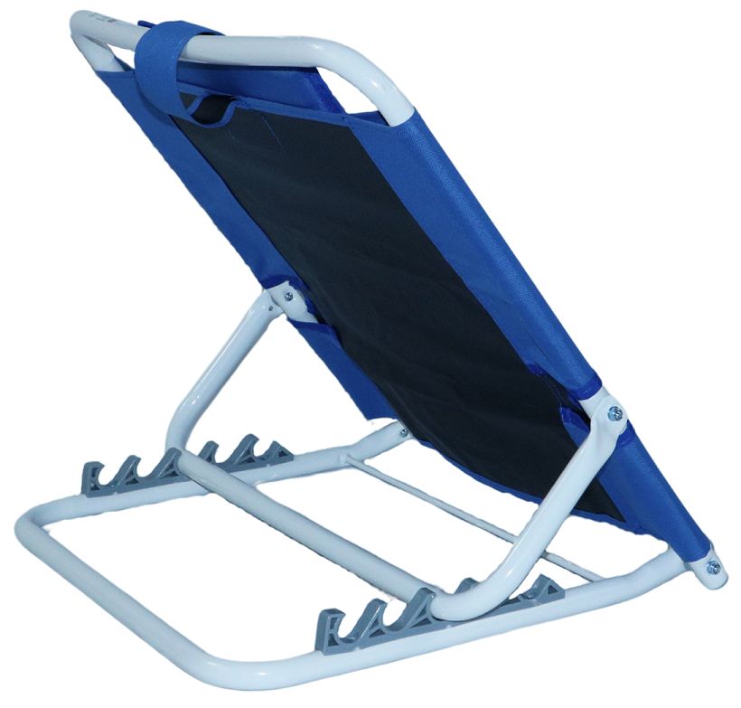 Support inclinable bleu, cadre blanc, réglable. Pour personnes à mobilité réduite, seniors et soignés. Vue arrière.