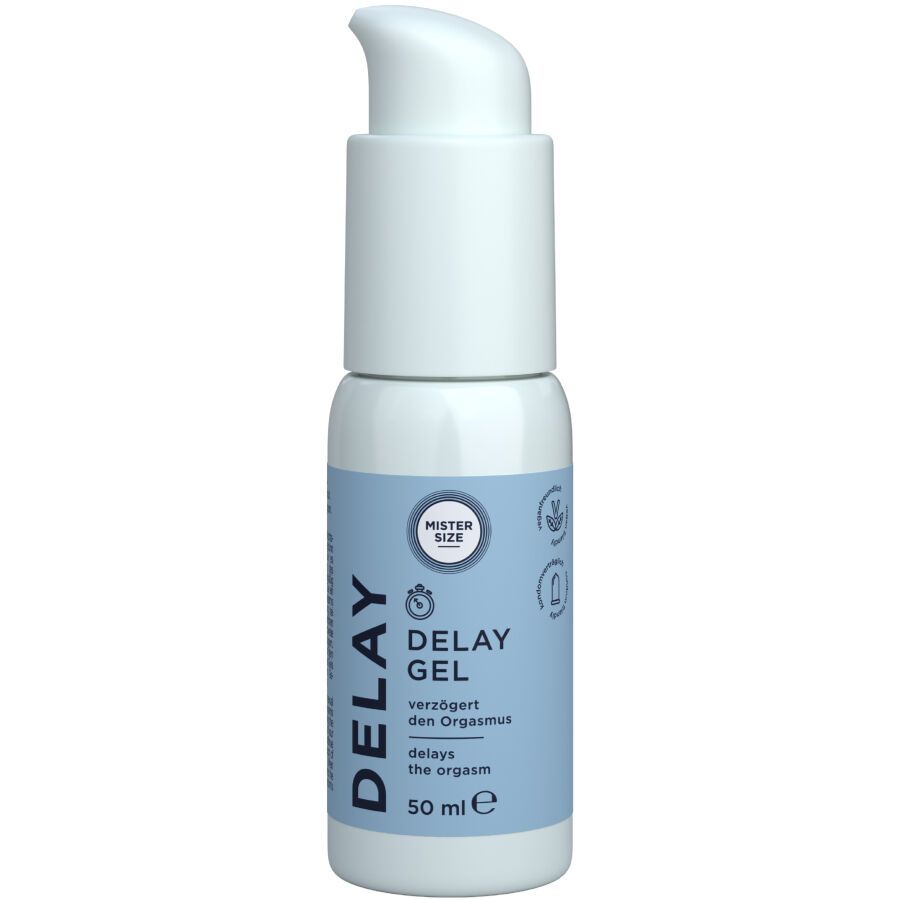 Kleine, witte fles met pomp. Opschrift: Delay Gel, Mister Size. Vertraagt het orgasme. 50 ml.