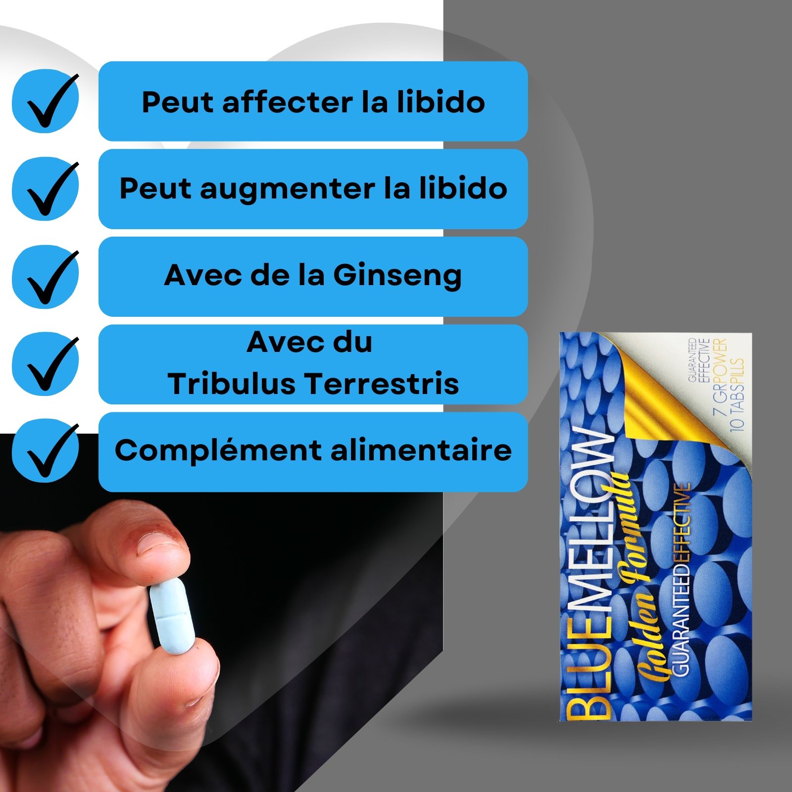 Emballage et comprimé. Inscription: BLUE MELLOW Golden Formula. 7 GR POWER, 10 TABS/PILLS. Comprimé bleu.