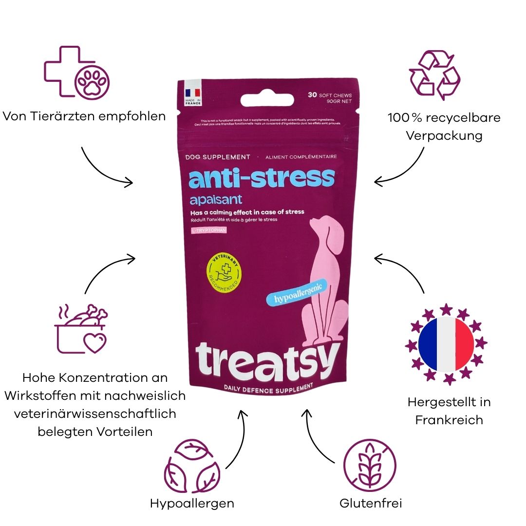 Emballage de complément anti-stress pour chiens. Hypoallergénique, sans gluten, fabriqué en France.