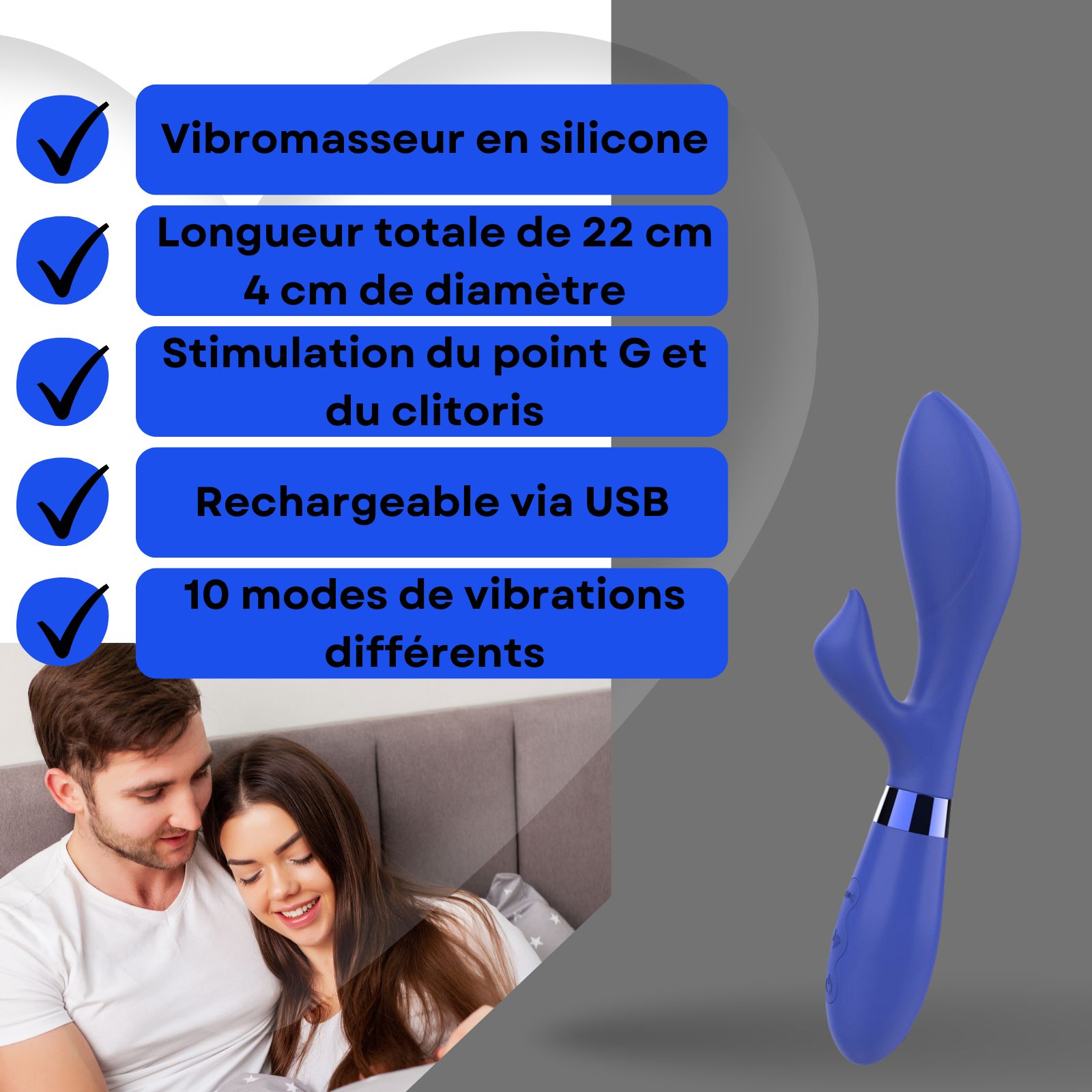 Vibrateur bleu. Silicone et ABS. 22 cm, 4 cm diamètre. Rechargeable. Couple en arrière-plan.
