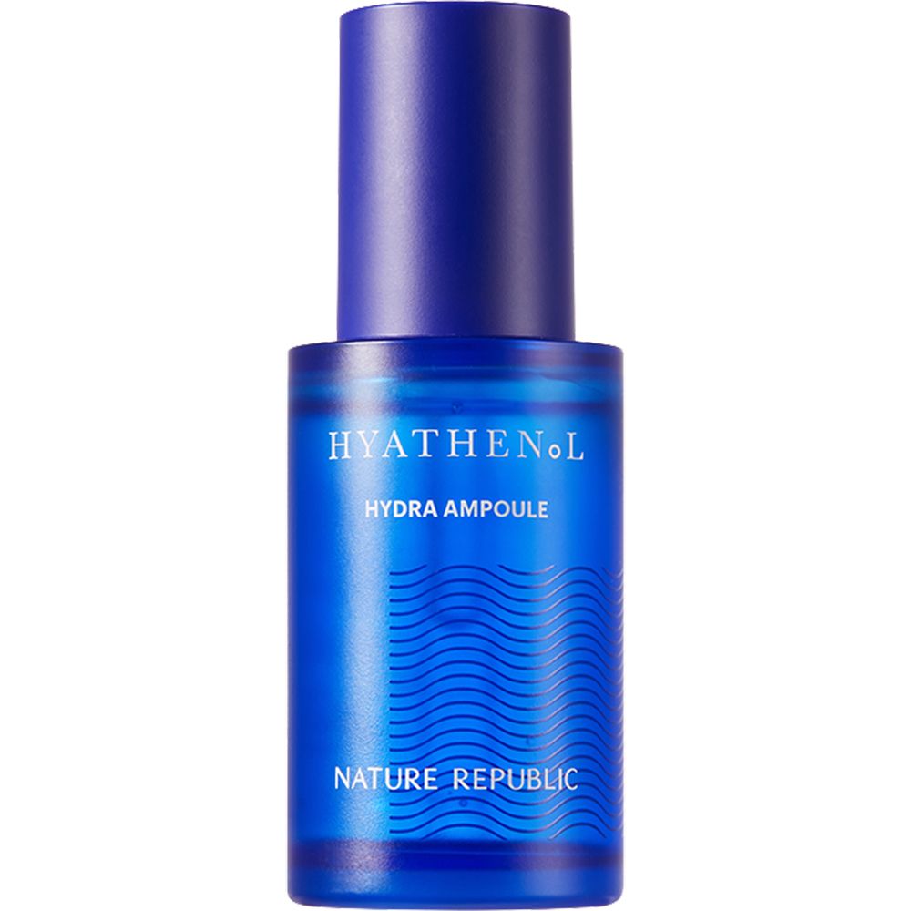 Flacon de sérum bleu. Inscription: HYATHENOL Hydra Ampoule, NATURE REPUBLIC. Vue verticale.