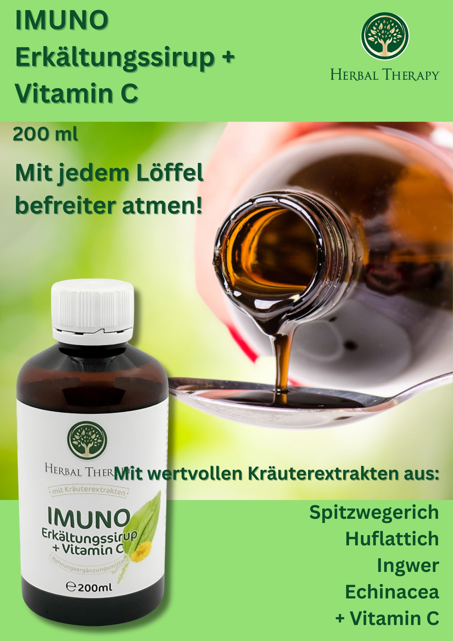 Bouteille de sirop versé dans une cuillère. Inscription : IMUNO Erkältungssirup + Vitamine C. E200ml.