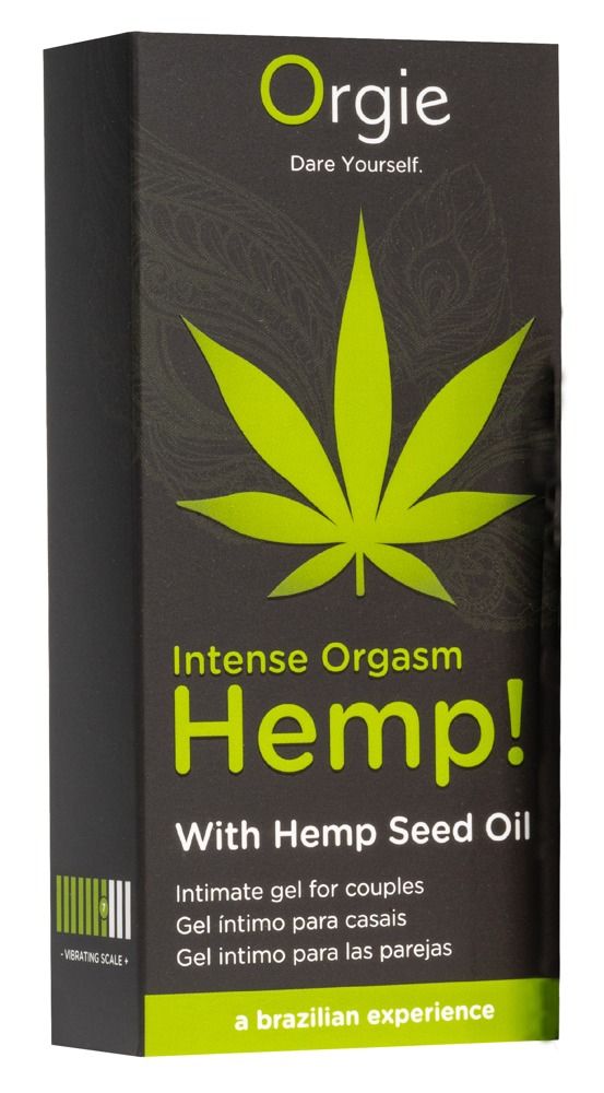 Zwarte verpakking met groen cannabisblad en tekst: Intense Orgasm Hemp! Intieme gel voor koppels. Merk: Orgie.