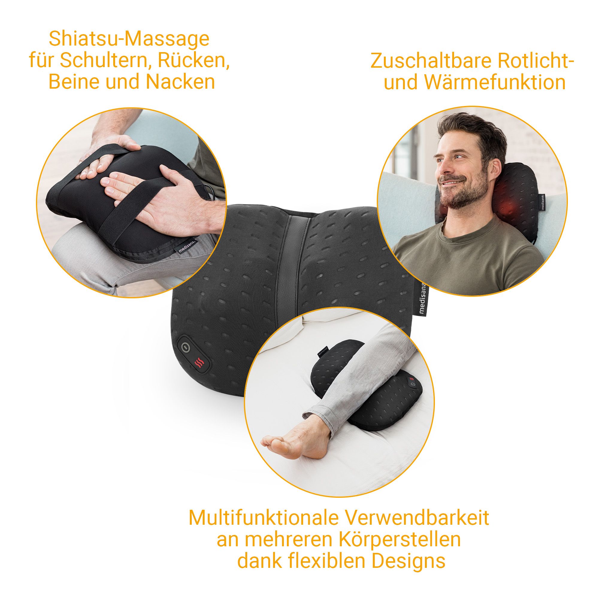 Coussin de massage Shiatsu noir avec têtes rotatives, fonction chaleur et lumière rouge.