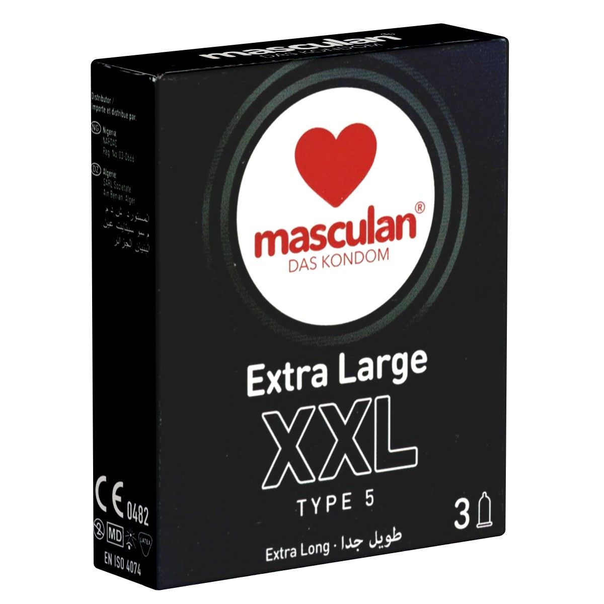 Boîte noire avec logo "masculan", cœur rouge, texte "XXL" et "TYPE 5". Contient 3 préservatifs. Marquage CE.