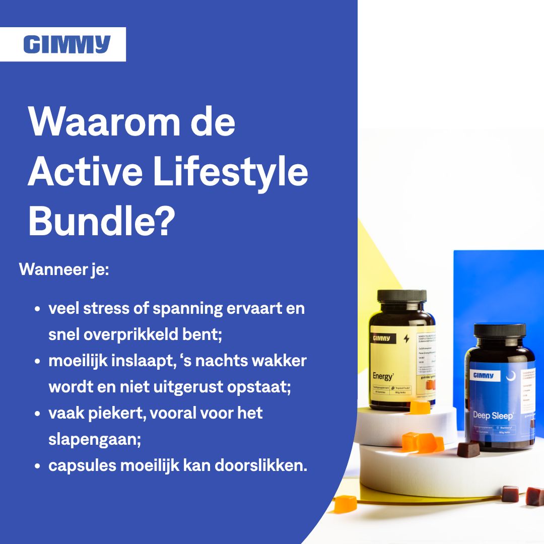 Fond bleu avec texte: "Pourquoi le pack Active Lifestyle?". Deux flacons et des gommes.