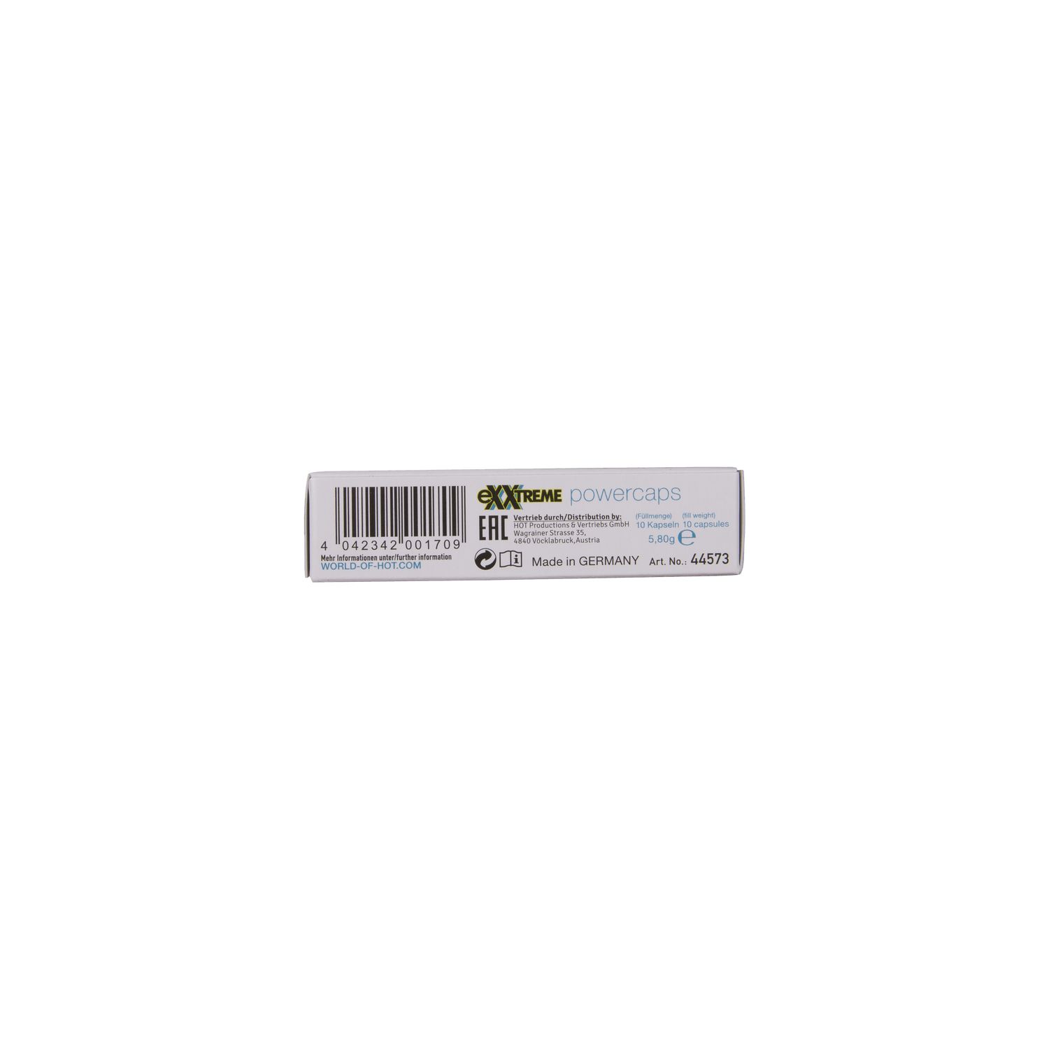 Onderkant van de doos met barcode en tekst. Opschrift: eXXtreme power caps.