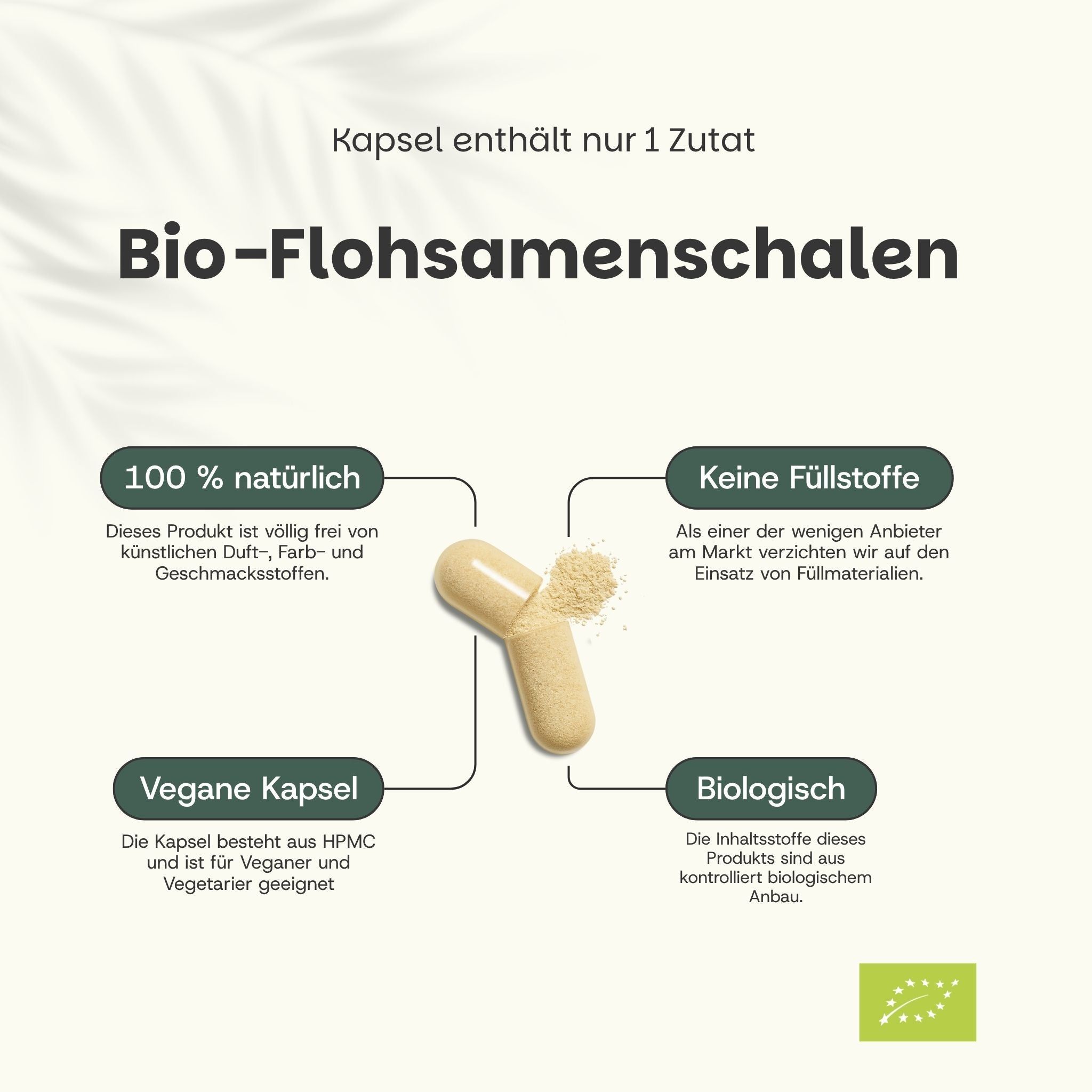 Een capsule met biologische psylliumvezels, 100% natuurlijk, zonder vulstoffen, vegan en biologisch.
