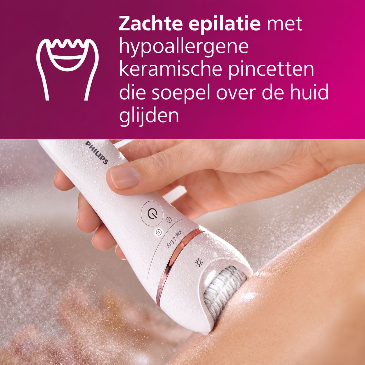 Witte Philips epilator met roségouden accenten wordt op een been gebruikt. Keramische pincetten zichtbaar.