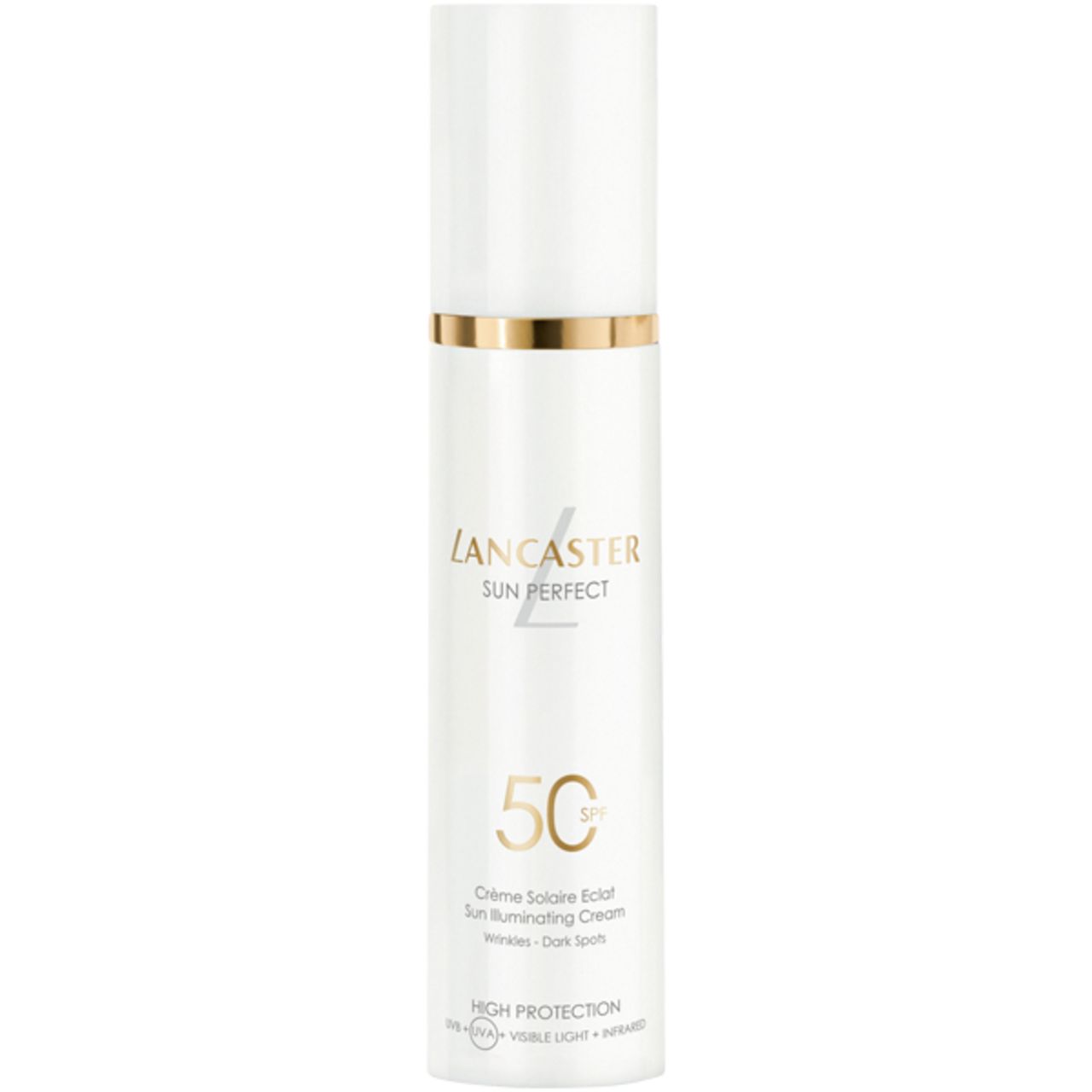 Wit product met gouden ring. Tekst: Lancaster, Sun Perfect, SPF 50, Crème Solaire Eclat, Wrinkles - Dark Spots.