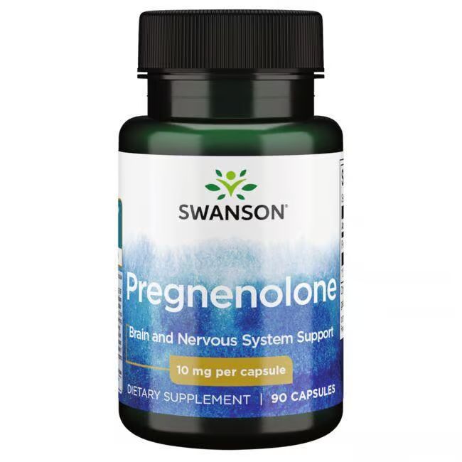 Groene fles SWANSON Pregnenolone. Opschrift: 10 mg per capsule, 90 capsules. Zwarte dop. Etiket met productinformatie.