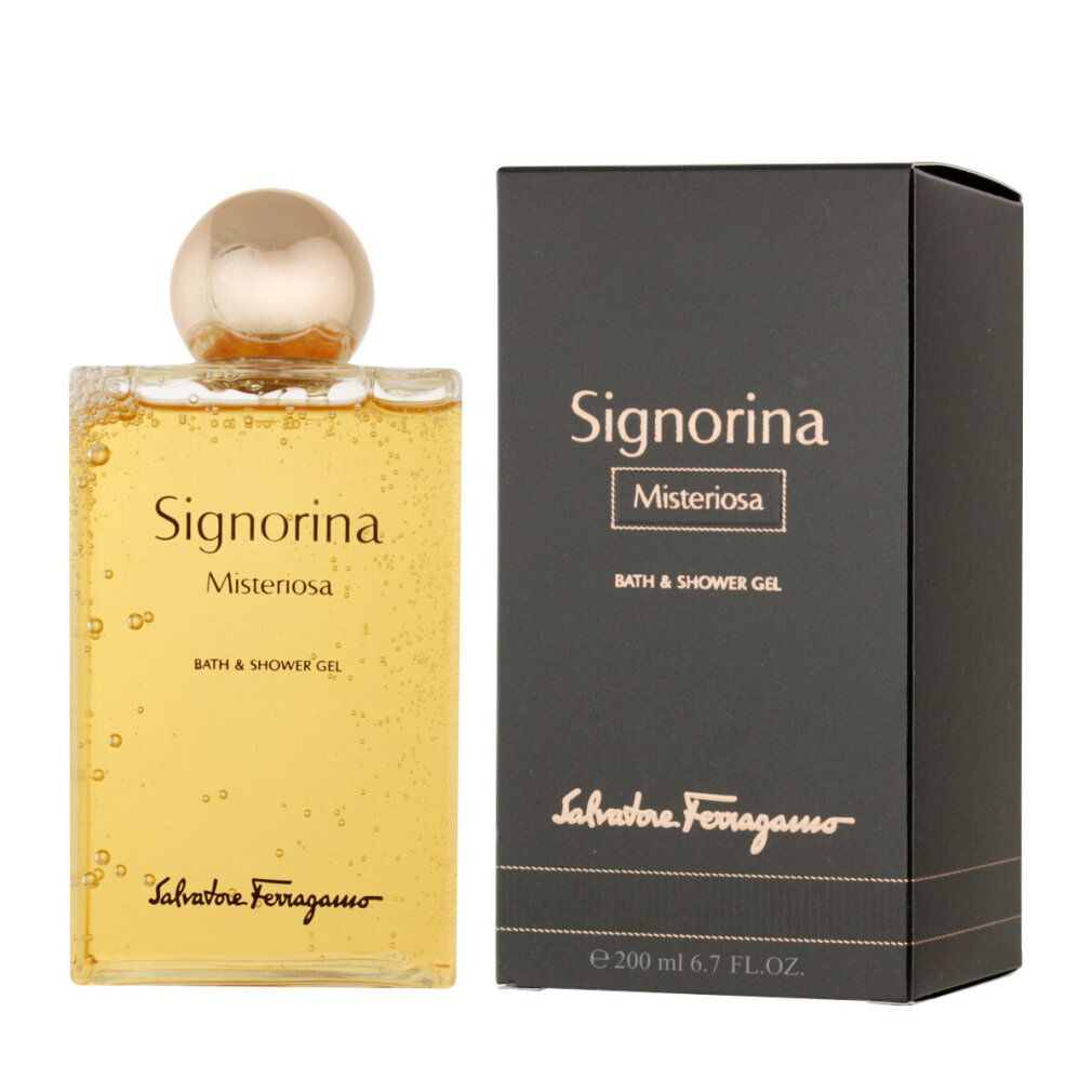 Flacon et emballage. Flacon avec bouchon doré, contenu jaune. Emballage : noir, nom du produit Signorina Misteriosa, Bath & Shower Gel, logo.