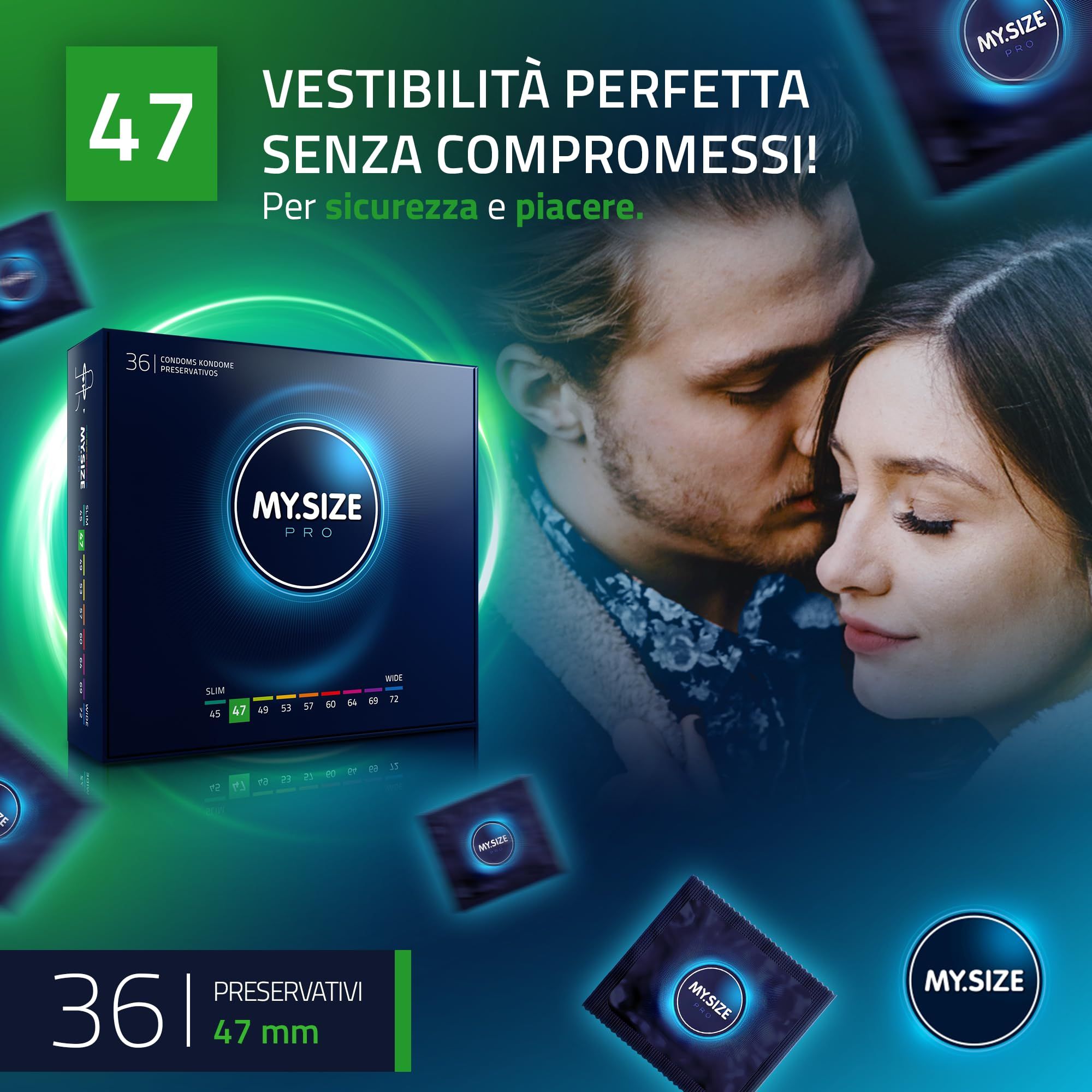 Préservatifs MY.SIZE PRO 36 unités 47mm boîte avec un couple en arrière-plan.