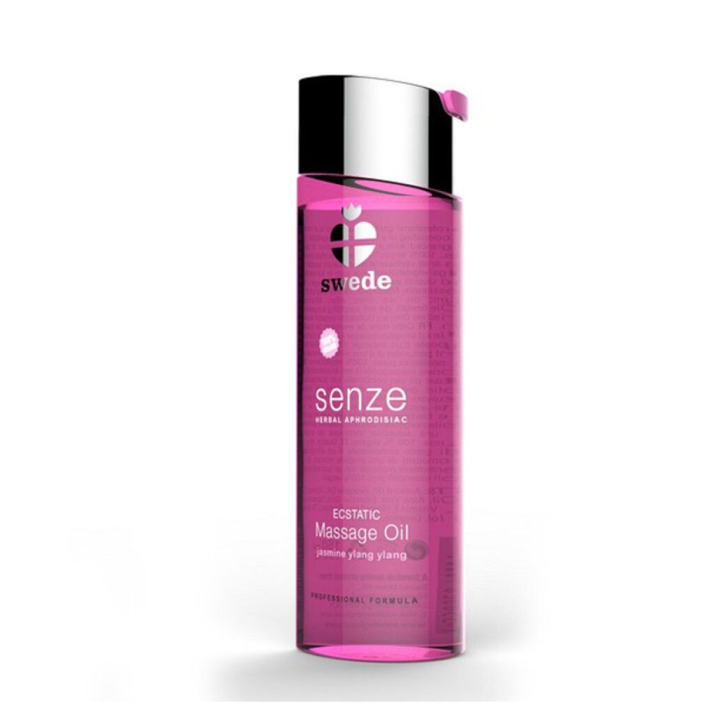 Fles Swede Senze Ecstatic massageolie met zilveren dop. Roze vloeistof.