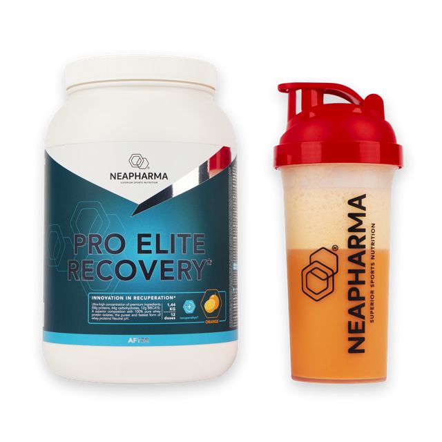 Witte pot en shaker met Neapharma Pro Elite Recovery Orange. Logo en tekst zichtbaar.