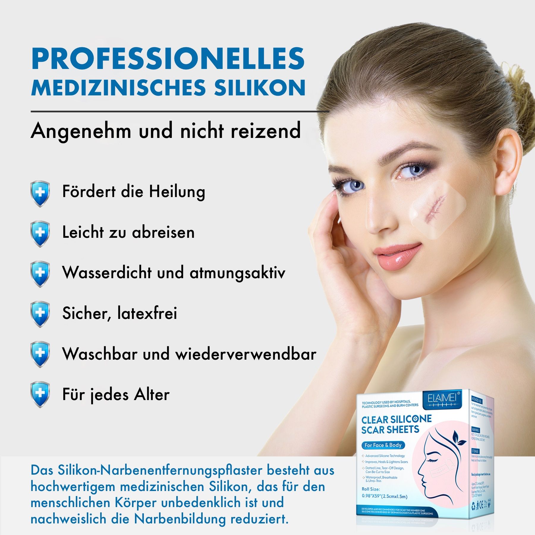 Vrouw met pleister op wang. Tekst: Professionele medische siliconen. ELAIMEI Clear Silicone Scar Sheets. Productverpakking.