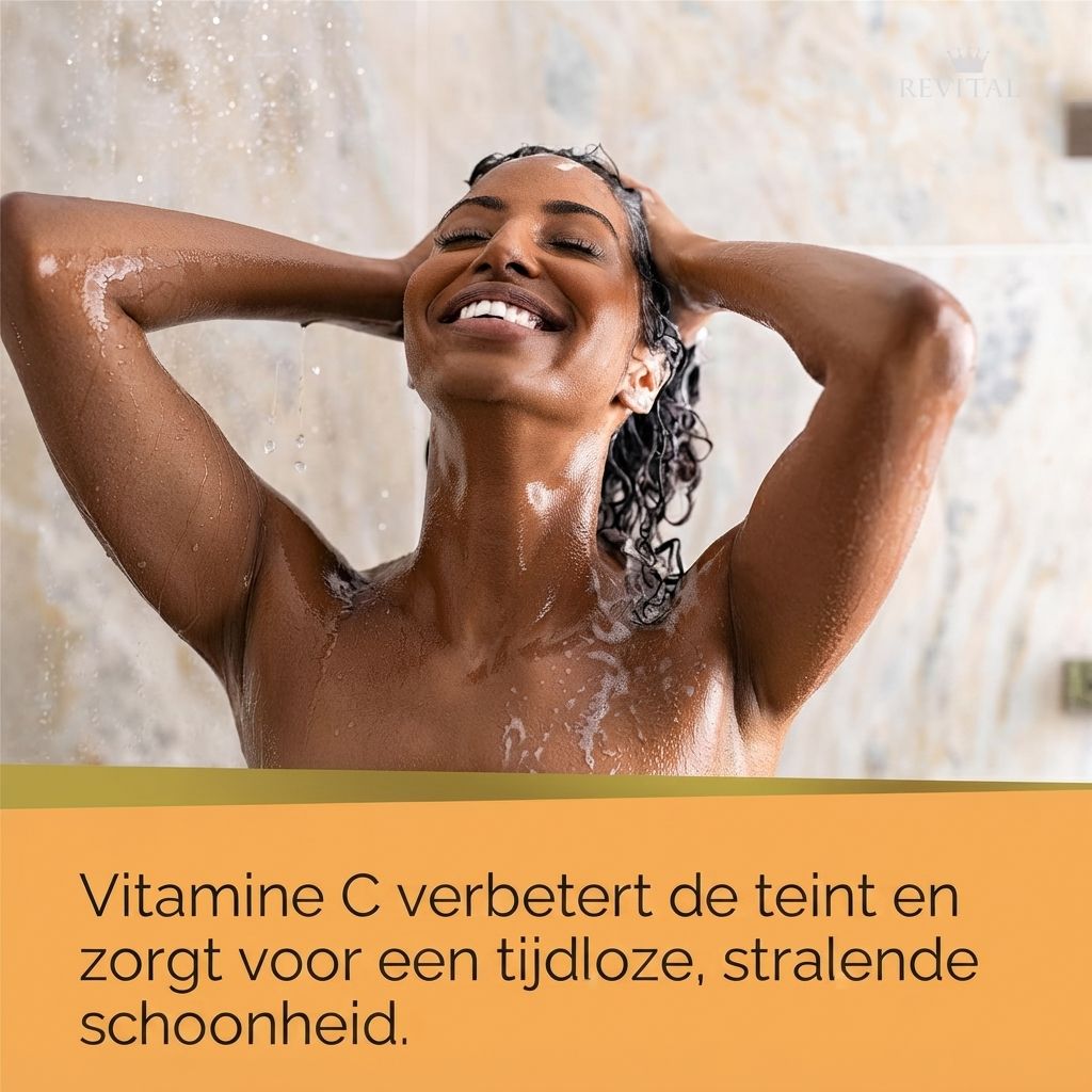 Vrouw onder de douche wast haar haar. Water en schuim zichtbaar.