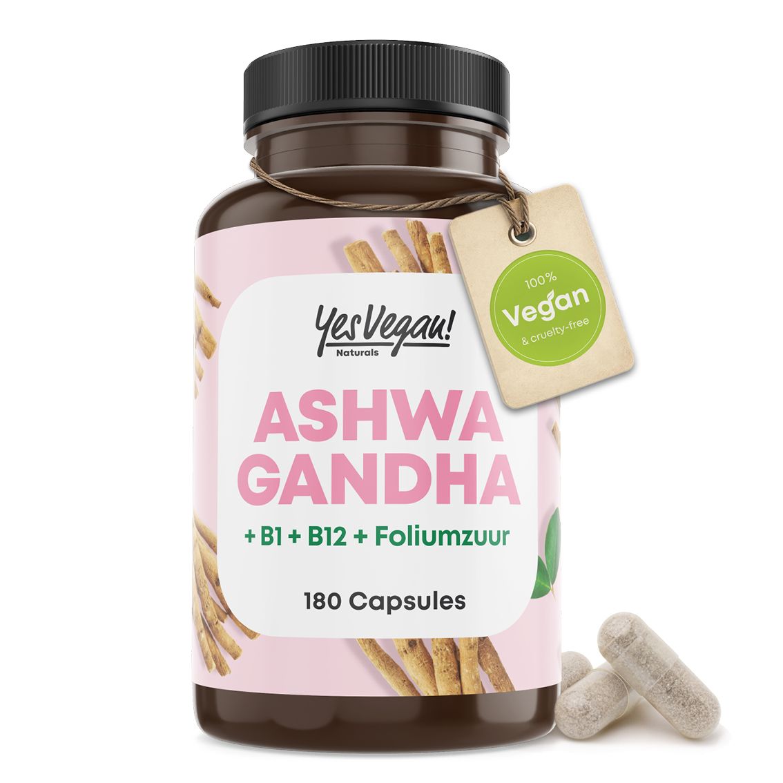 Familie op achtergrond, Ashwagandha-fles op voorgrond. Tekst 'YES VEGAN NATURALS'.