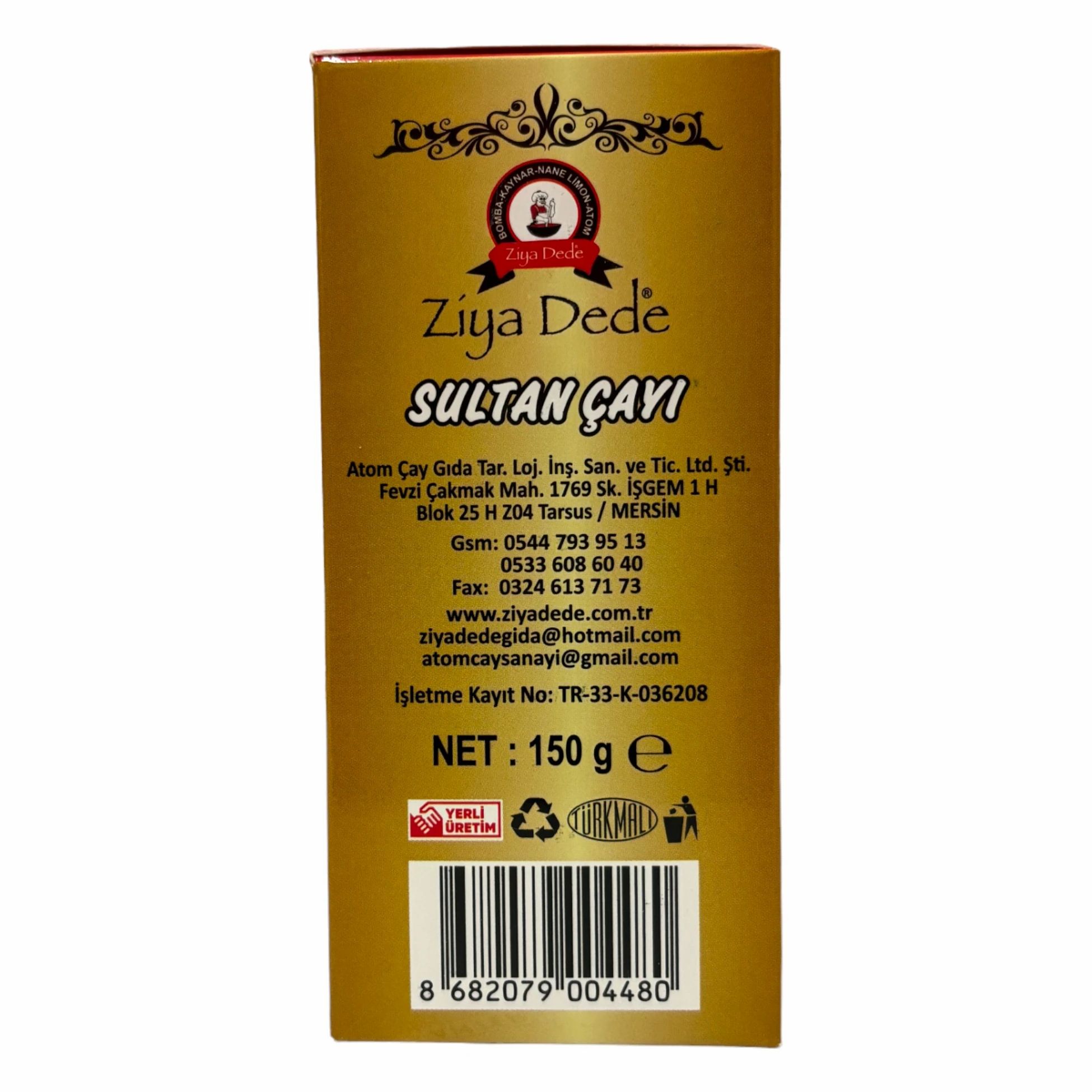 Emballage doré de thé Sultan. Contient les coordonnées, le code-barres et le poids net de 150 g. Écriture turque et anglaise.