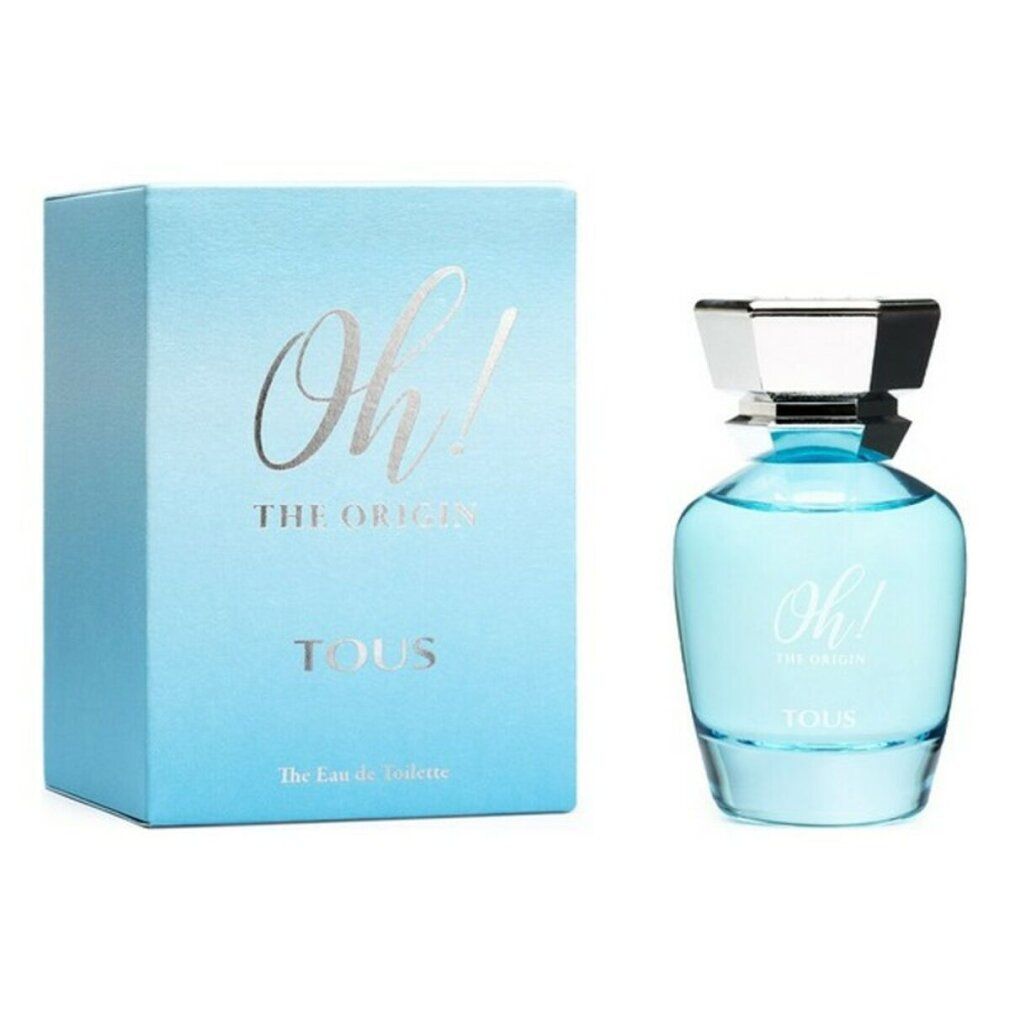 Eau de toilette bleu clair avec boîte assortie. "Oh! The Origin" et "TOUS" sont inscrits sur la bouteille et la boîte.