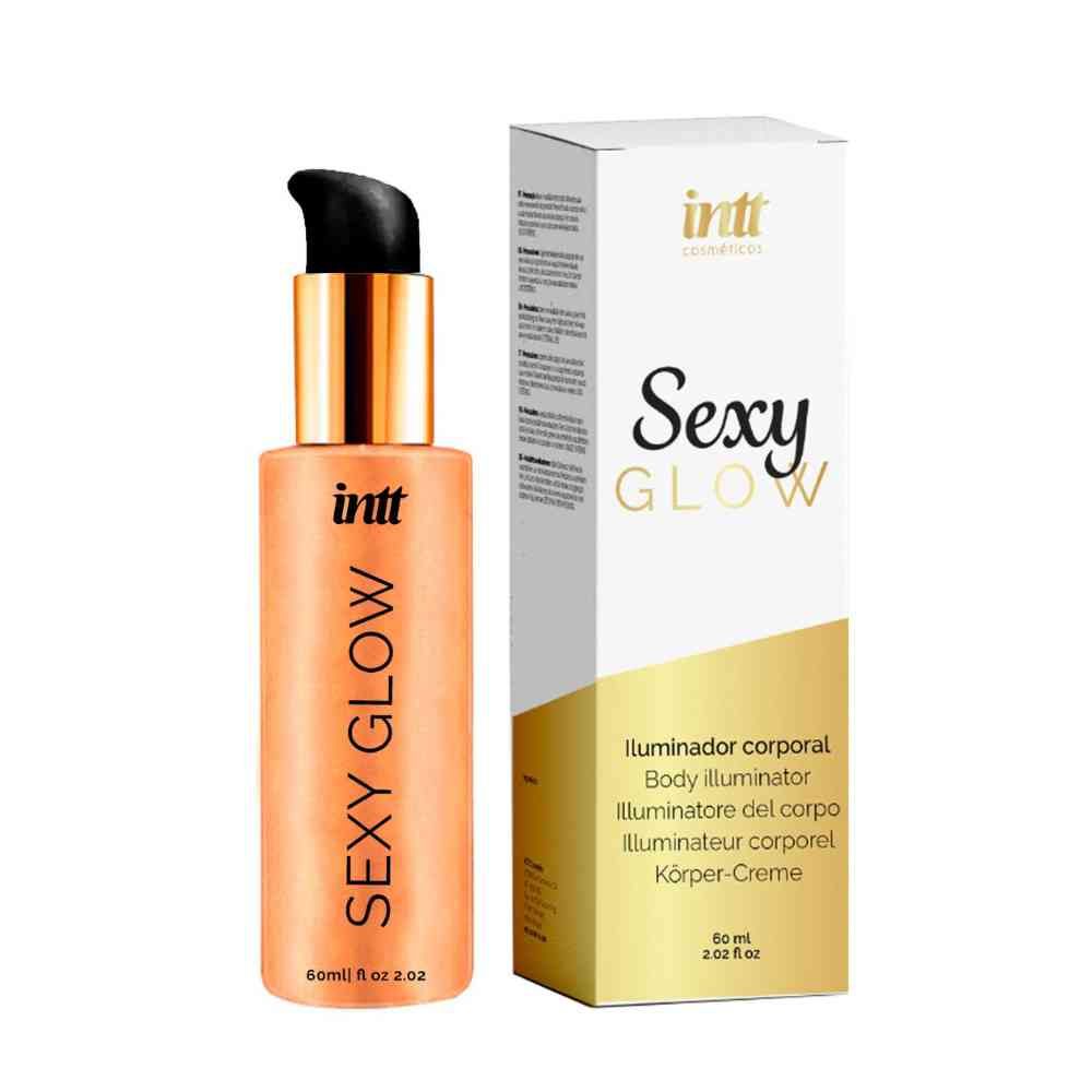Body illuminator en verpakking. Fles en doos met opschrift "SEXY GLOW". Gouden accenten.